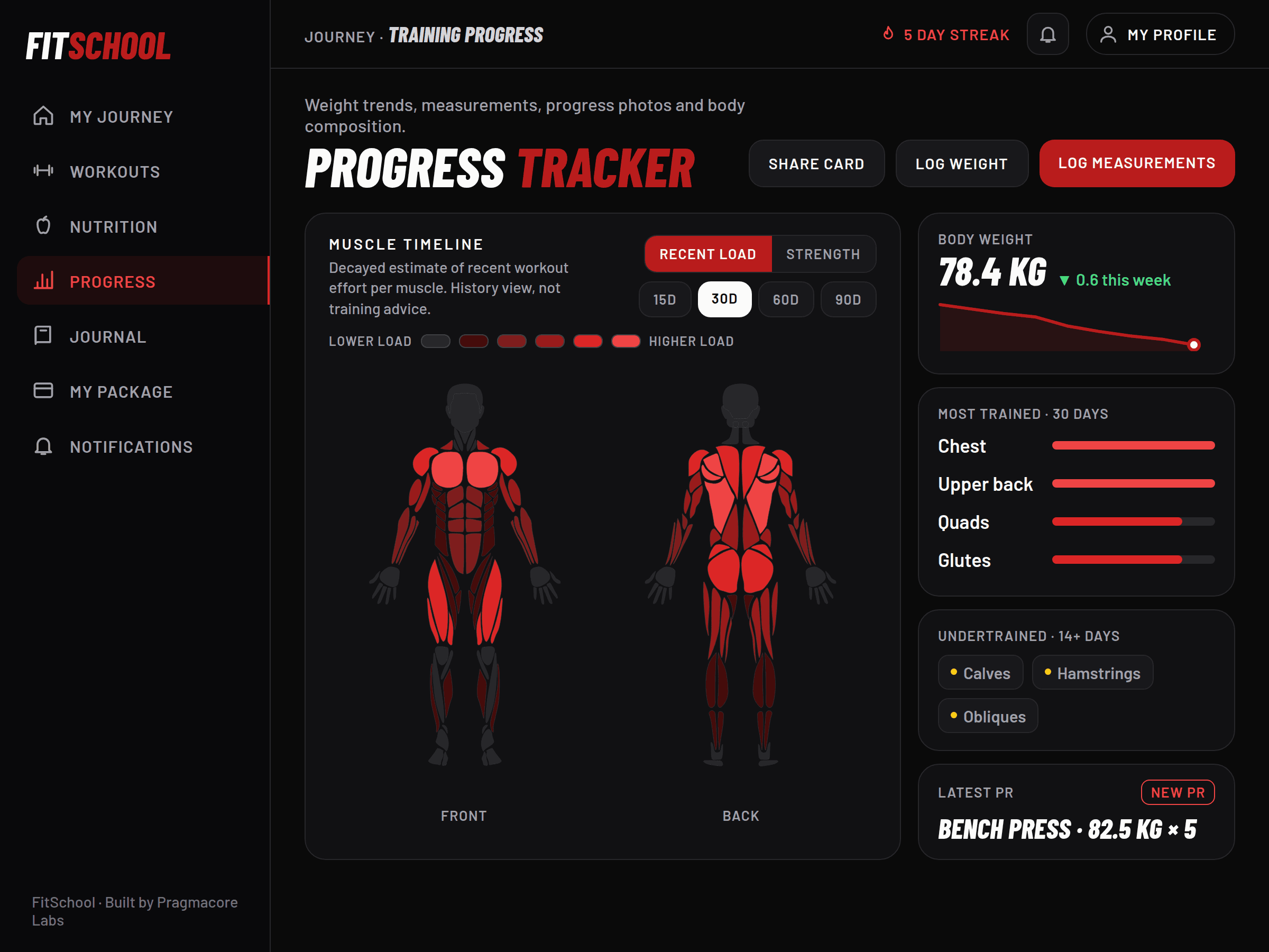 Illustrative FitSchool web app progress screen with sample training and body metrics